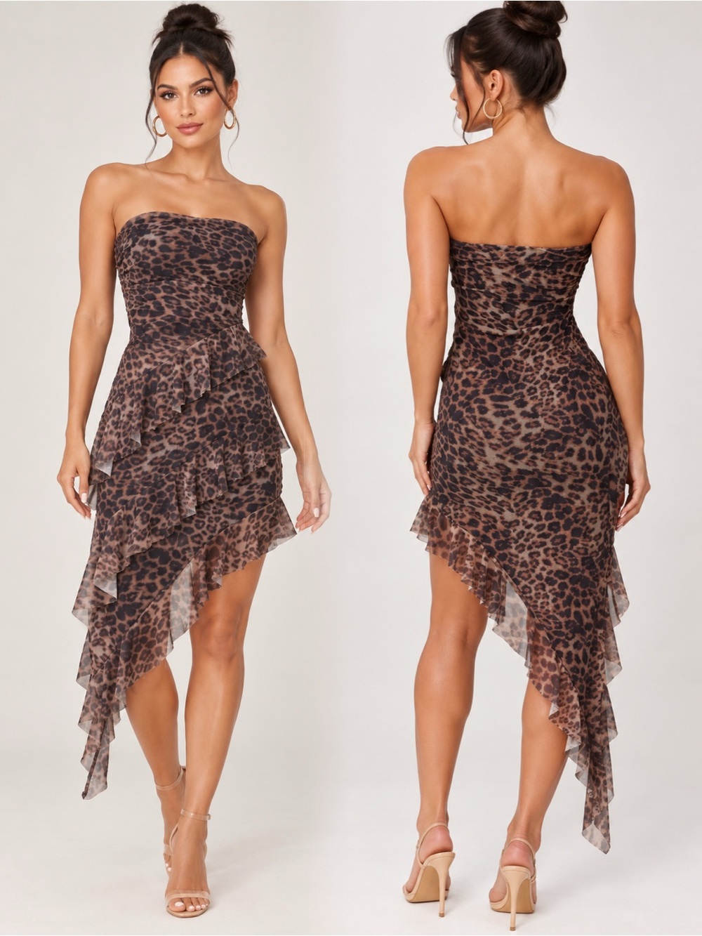 Strapless Leopard Print Ruffle Midi Dress - Brown